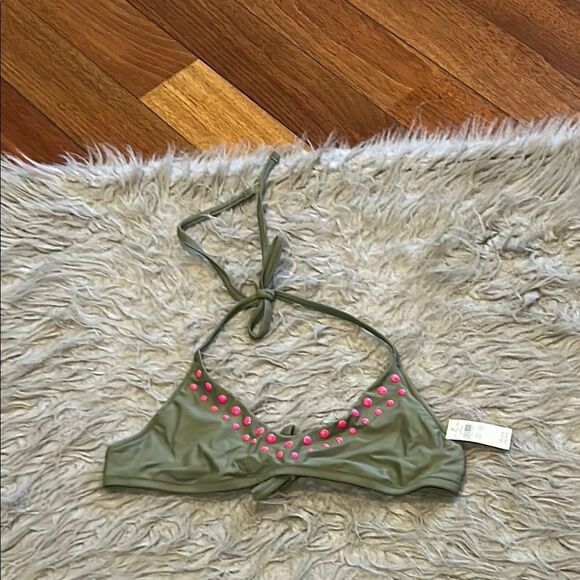 Matt aerie scoop olive green and hot pink embellished swimsuit top size xs - Picture 1 of 5